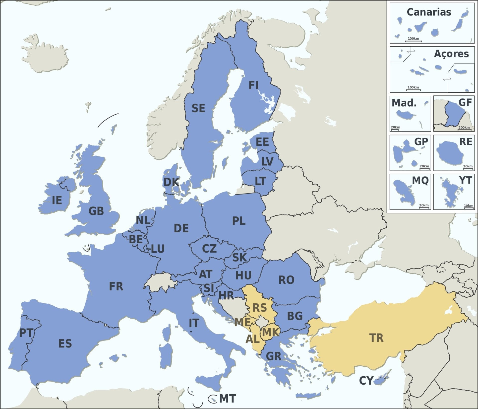 Miembros de la Unión Europea (en azul) y candidatos (en amarillo)