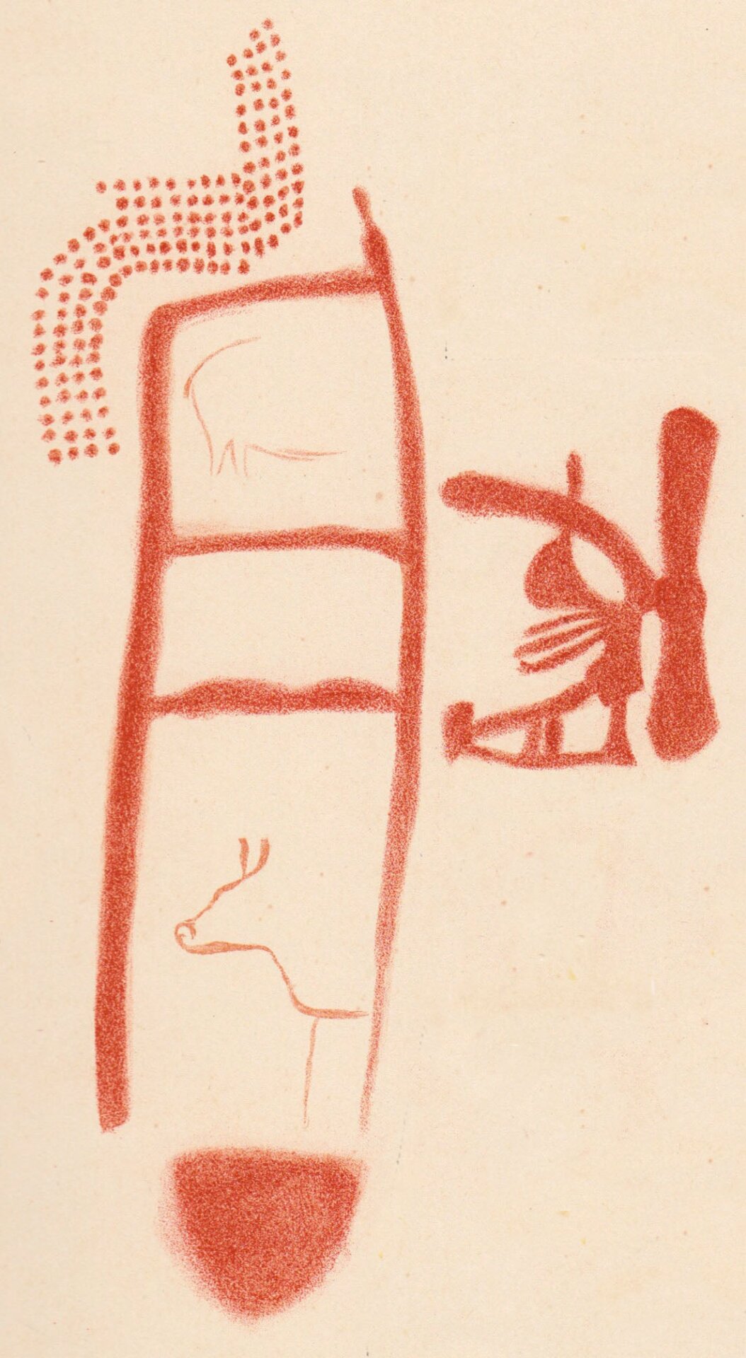 Un dibujo de 1913 del Panel 78 en La Pasiega. El escalariforme rojo, o símbolo de escalera, tiene al menos 64.000 años, pero No se sabe si los animales y otros símbolos fueron pintados posteriormente.