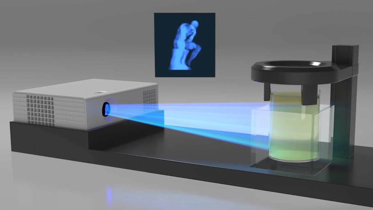 Se proyecta una imagen bidimensional sobre una resina fotosensible colocada sobre un bote rotatorio. La luz hace que la resina se solidifique y se forme el objeto que queramos. Imagen: Lawrence Livermore National Laboratory