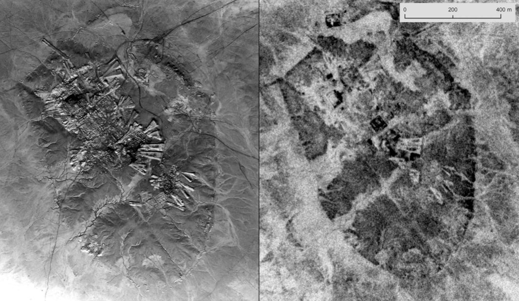 Comparativa de resolución de las imágenes del proyecto CORONA (derecha) con las de los U2 (izquierda) en una vista aérea de  			 				 					Tell al-Muqayyar,Irak.