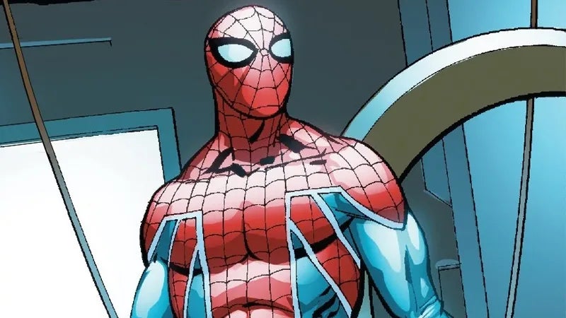 Primera aparición de William Braddock como Spider-UK. Nótese el guiño a la Union Jack en el traje.