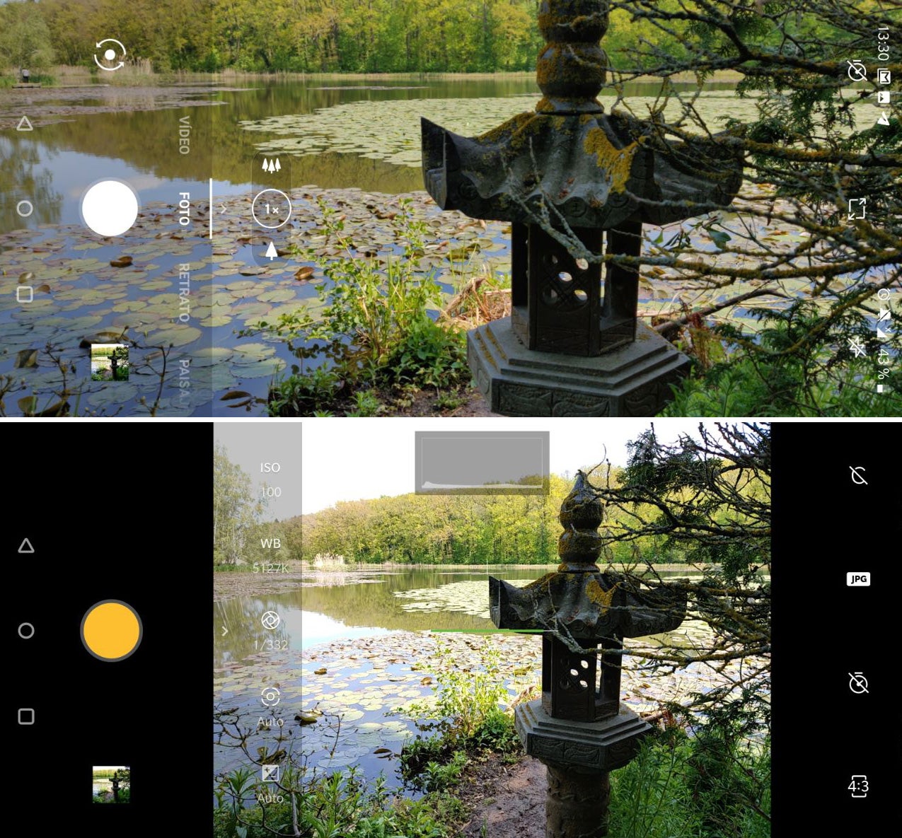 Arriba, el modo foto con el modo a pantalla completa activo. Abajo, el modo pro a 4:3. LA cantidad de información que se pierda en el recorte hace que no merezca la pena sacar fotos en ese formato salvo casos muy puntuales.