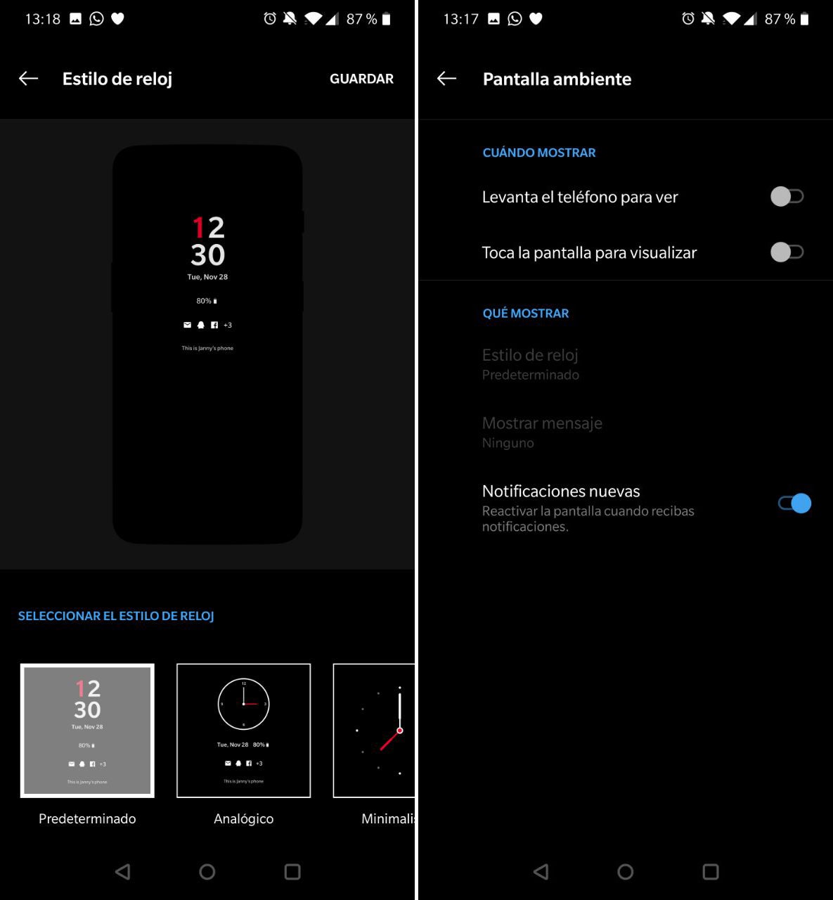 Las opciones de pantalla ambiente y el característico reloj de OnePlus con los unos en rojo.