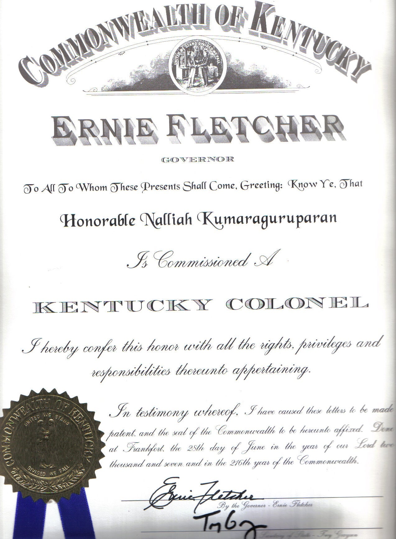 Certificado oficial de nombramiento de Coronel de Kentucky