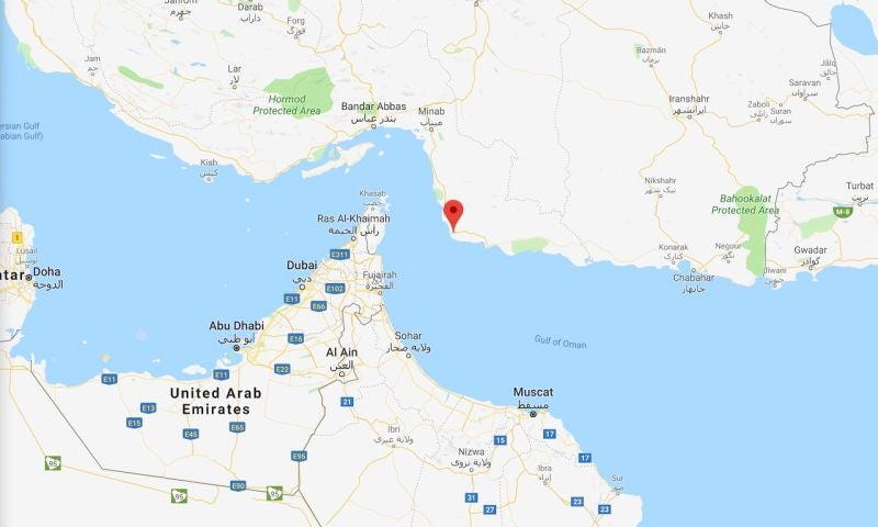 Mapa mostrando la localización de Kuhmobarak, en la provincia iraní de Hormozgan, donde las autoridades del país aseguran haber derribado el dron.