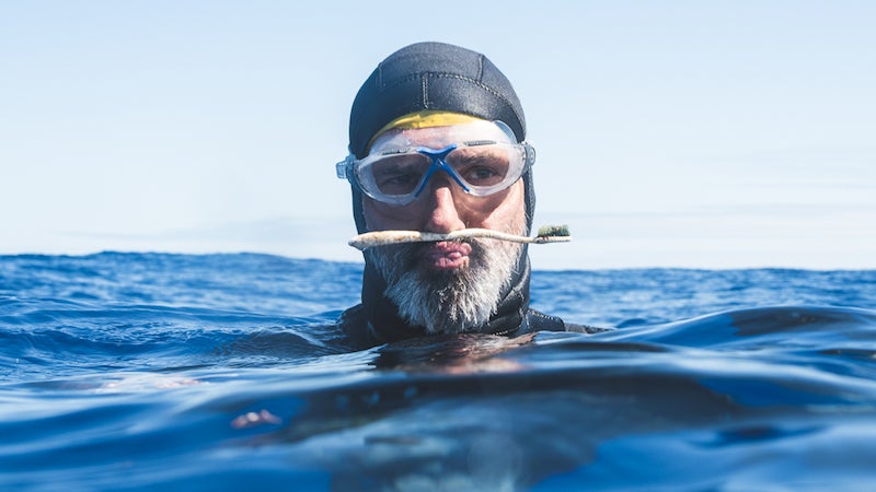 Lecomte se hace una foto con un cepillo de dientes que encontró mientras nadaba. El equipo ha encontrado todo tipo de basura durante su expedición.