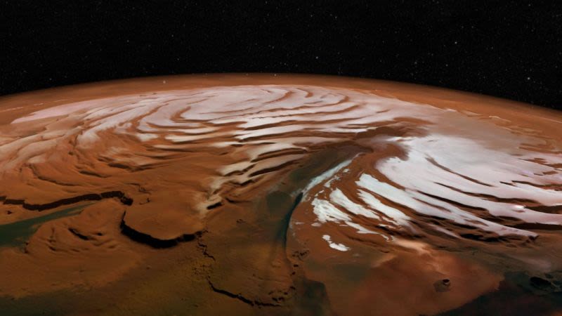 La capa del polo norte marciano. Imagen: SA/DLR/FU Berlin; NASA MGS MOLA Science Team 