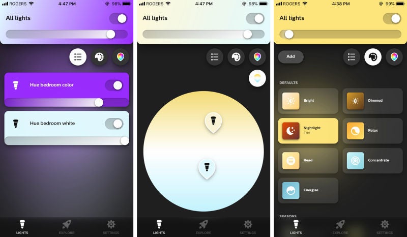 Dependiendo del tipo de bombilla que tengas, puedes ajustar su color o temperatura de color, o seleccionar entre configuraciones predefinidas para diferentes aplicaciones. Pero no puedes compartir esta configuración entre los otros dispositivos que controlen las bombillas Bluetooth. Foto: Andrew Liszewski (Gizmodo)