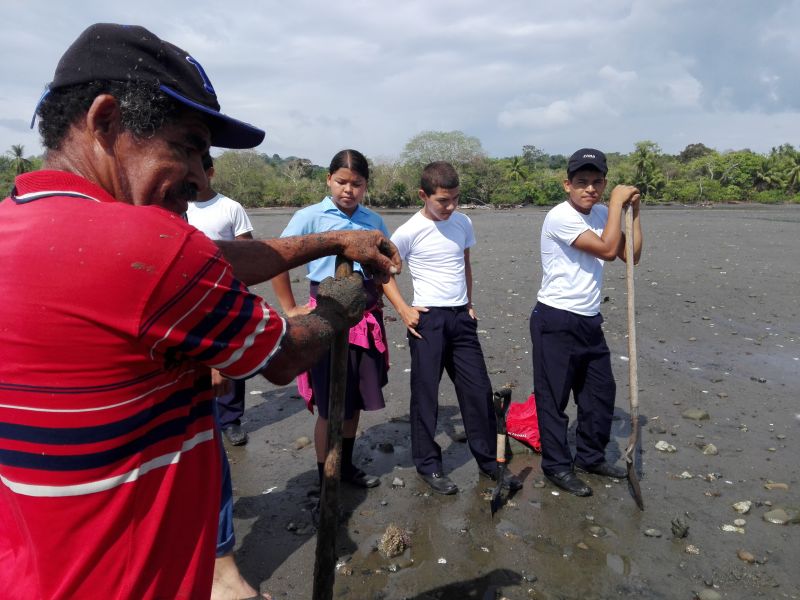 Photo: Los cazadores de fósiles: Félix Orocú (camisa roja); su hijo, Joel Orocú (con pala); y estudiantes del Colegio Punta Burica y la Escuela Primaria Caña Blanca.