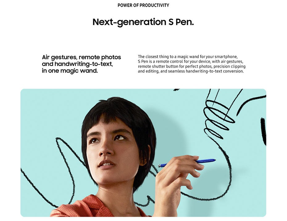 Imagen promocional que destaca algunas de las características del nuevo S Pen, como los gestos en el aire y control remoto para las fotos.
