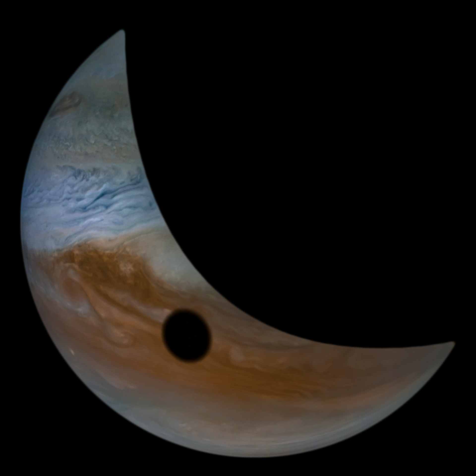 En esta foto incompleta, lo cual explica la parte que falta en el lado derecho, podemos ver el eclipse de Júpiter. Se ajustaron los colores para destacar las características.