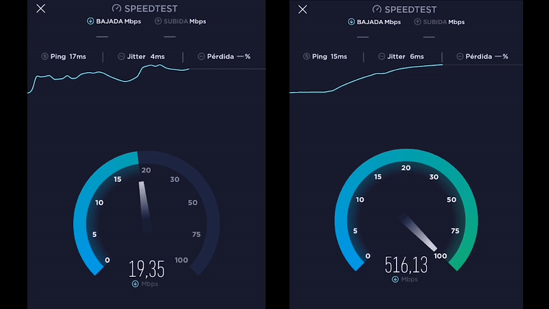 A la izquierda, el Mate 20X conectado a una línea 4G. A la derecha a una línea 5G. GIF: Julio Cerezo