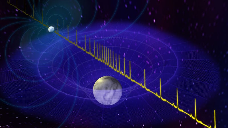 Concepto artístico que ilustra cómo el campo gravitatorio de la enana blanca altera las emisiones del púlsar.