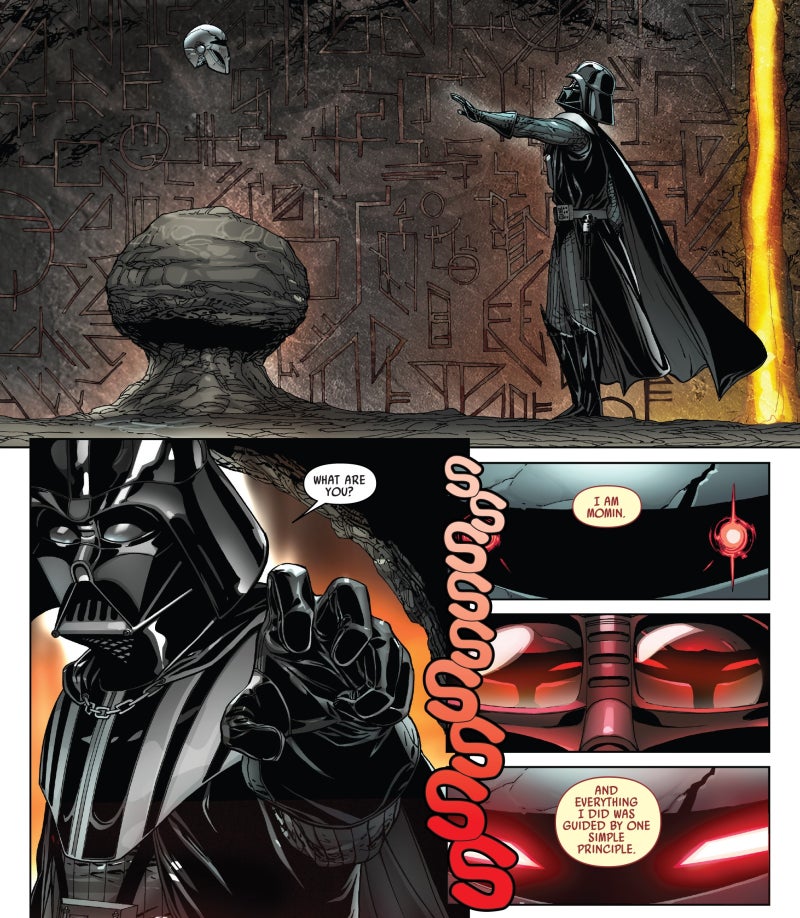 El espíritu de Lord Momin está ligado a una máscara.  Imagen: Giuseppe Camuncoli, Daniele Orlandini, David Curiel, Dono Sánchez-Almara, and Joe Caramagna (Marvel Comics) 