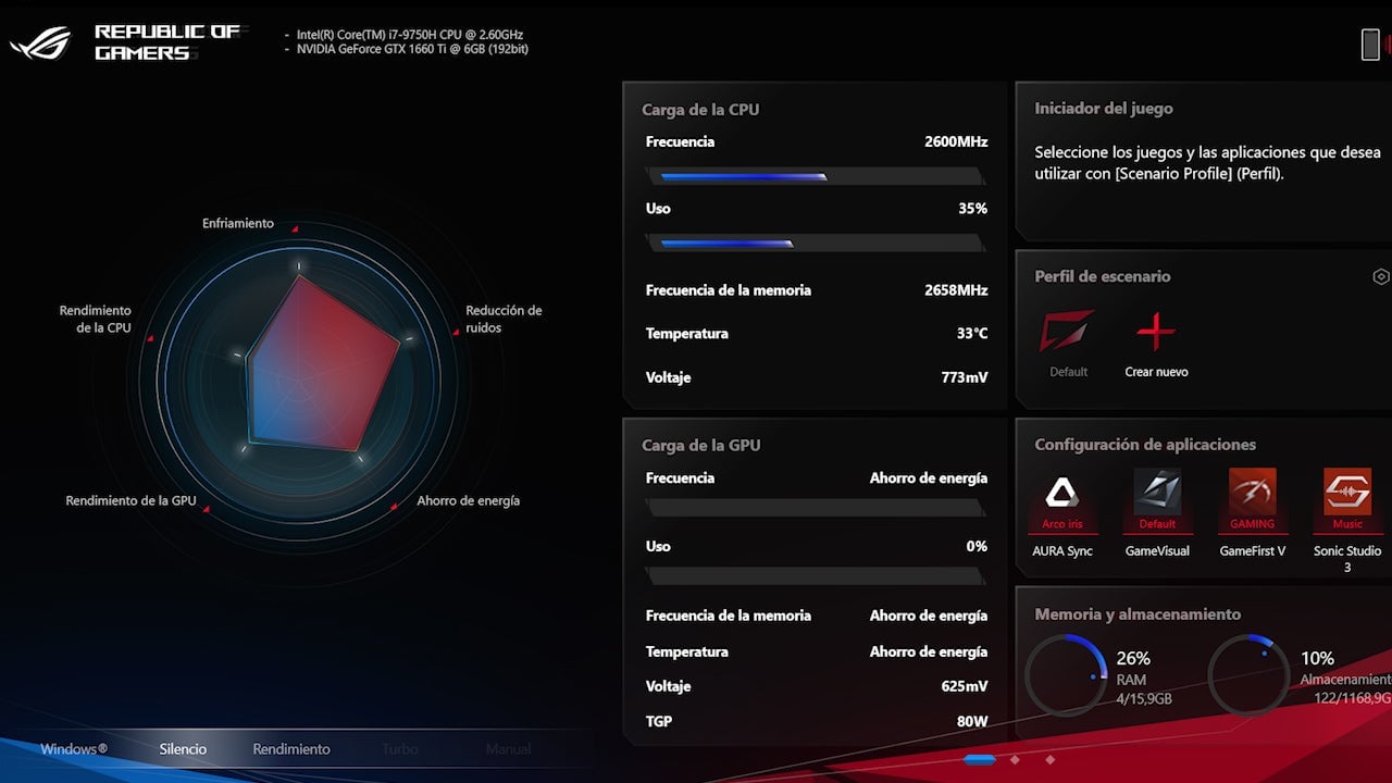 Desde Armoury Crate podemos controlar todos los parámetros de rendimiento del portátil y alternar entre diversos modos en función de nuestros intereses. Captura: Julio Cerezo