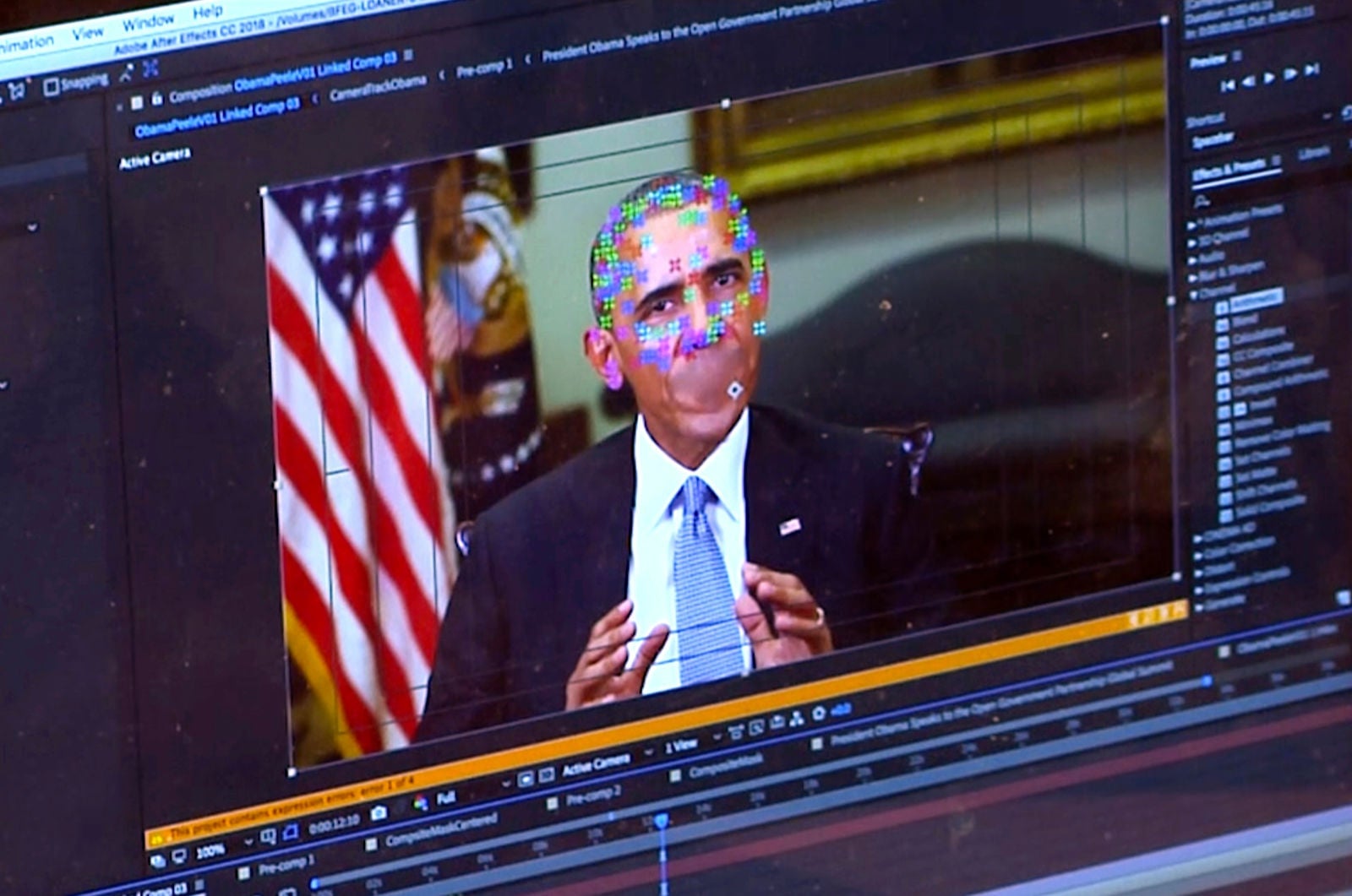 Image: Una imagen de un video falso con el ex presidente Obama que muestra elementos del mapeo facial