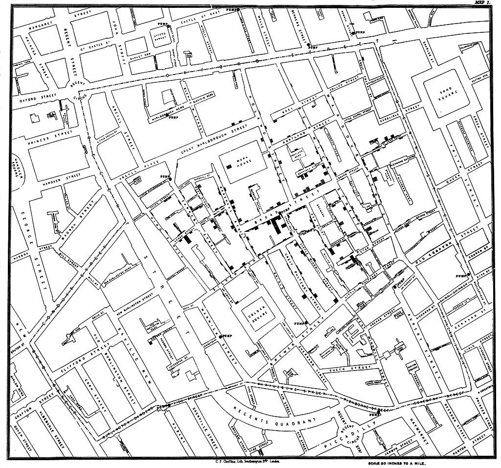 Image: Mapa original de Snow que muestra los grupos de casos de cólera en la epidemia de Londres de 1854, dibujados y litografiados por Charles Cheffins