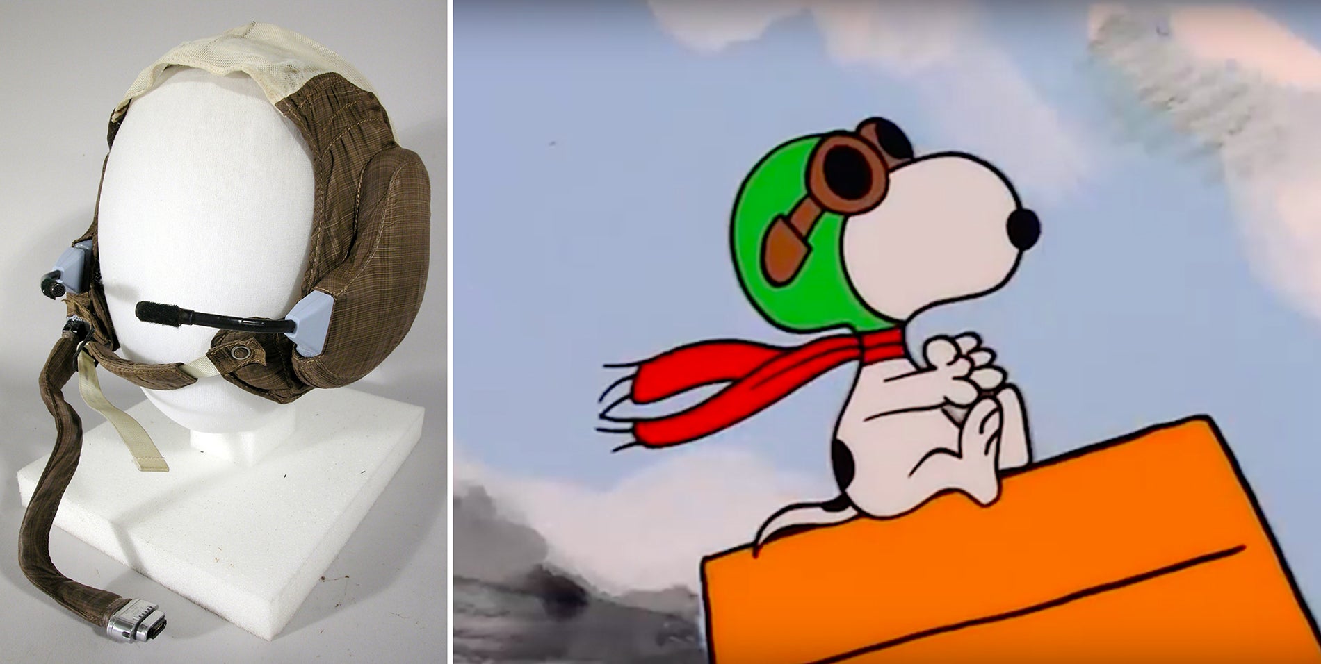 A la izquierda, el gorro de Snoopy que llevó Buzz Aldrin en la misión Apollo 11. A la derecha, Snoopy.