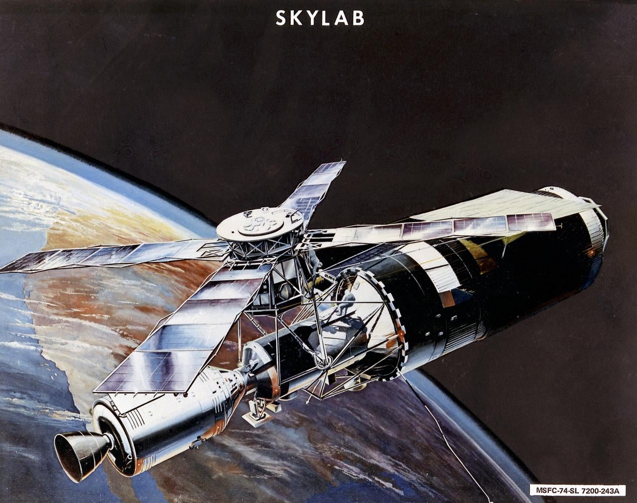 El concepto de un artista que muestra la estación espacial Skylab en órbita.