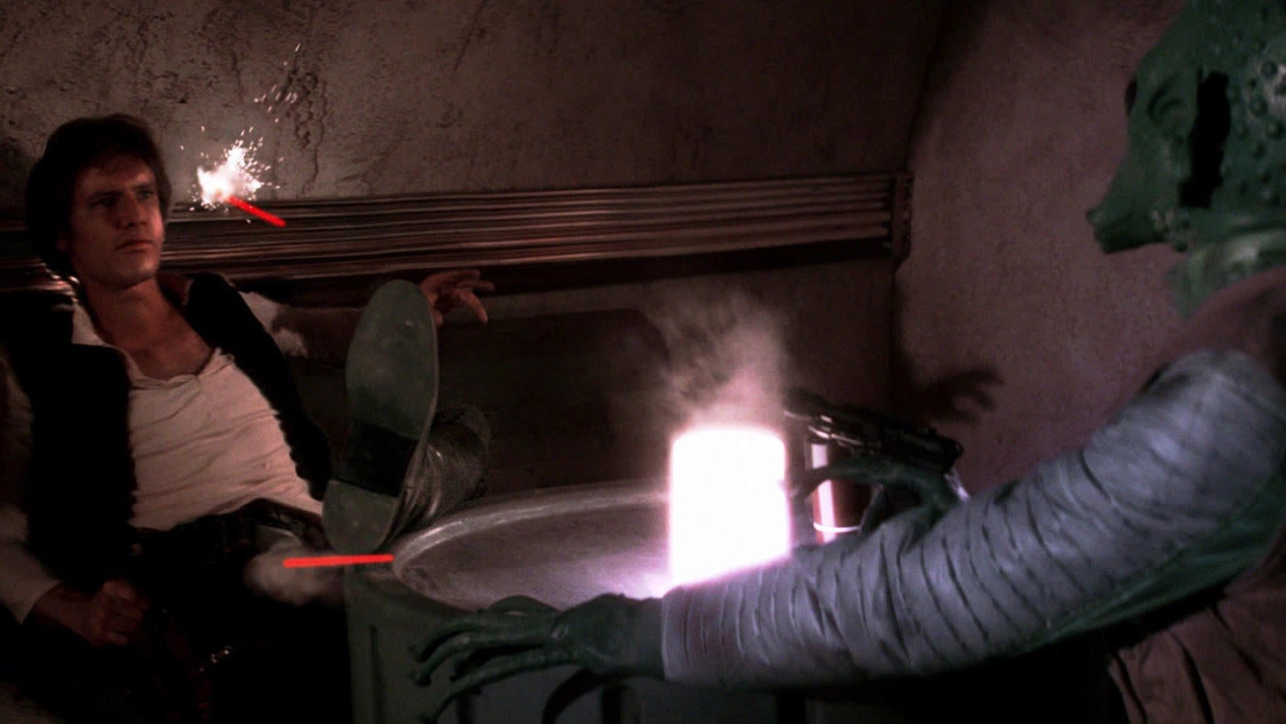 Aquí se ve la edición digital de la cabeza de Han para esquivar el disparo de Greedo.