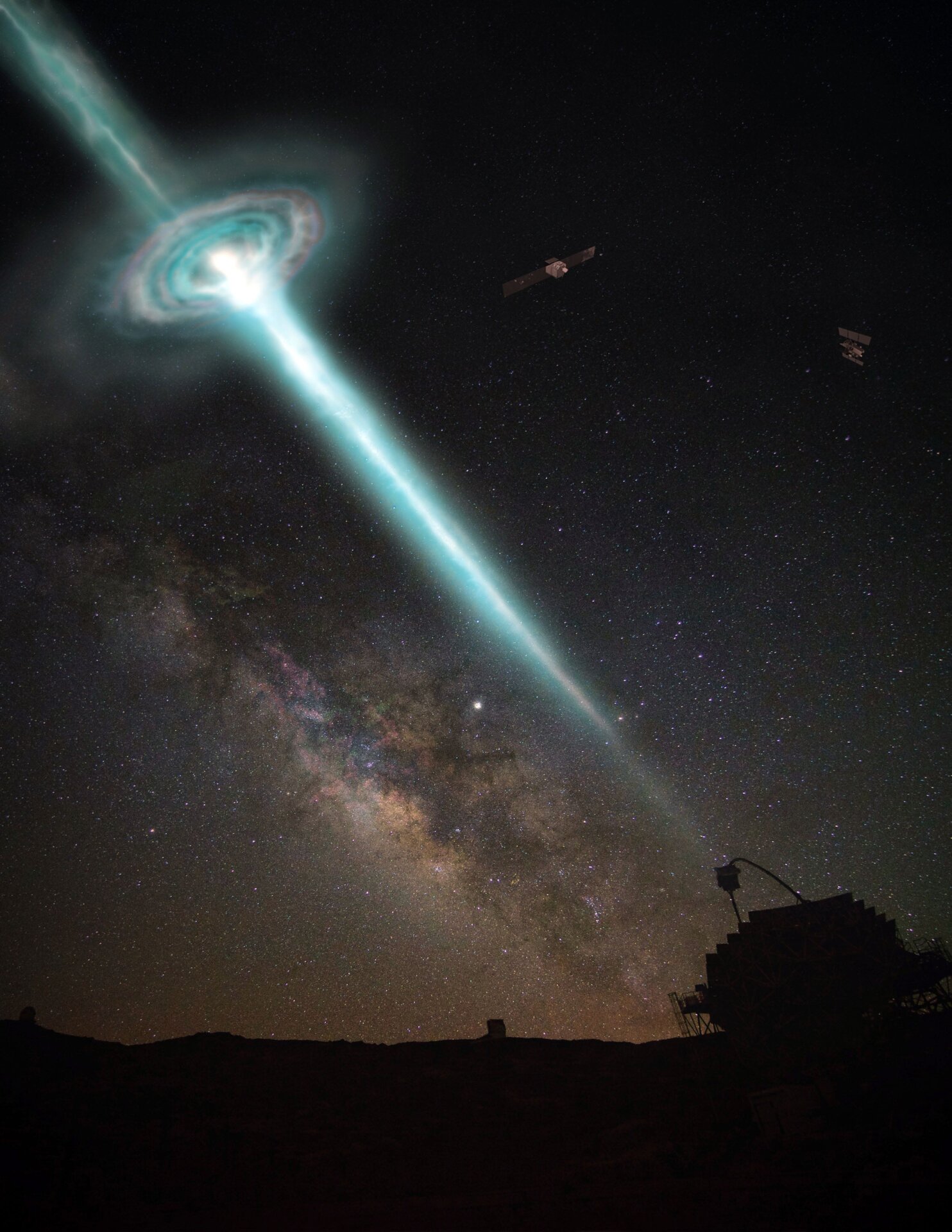 Imagen conceptual que muestra el observatorio MAGIC escaneando los cielos en busca de estallidos de rayos gamma.
