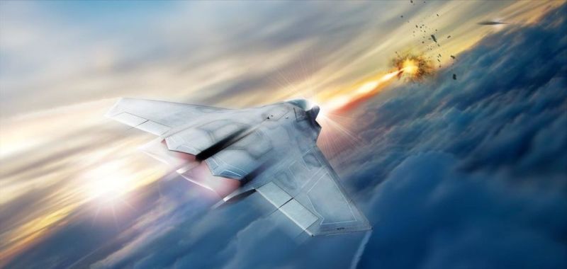 Illustration: Un avión de combate futurista derribando un objetivo aéreo