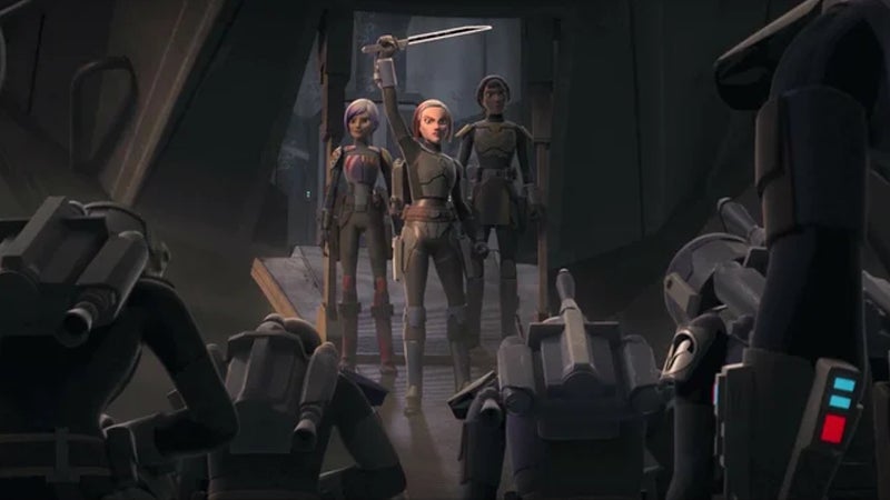 Bo-Katan hereda el sable oscuro. Lo utiliza para unificar las fuerzas de la Casa Vizsla contra el Imperio.