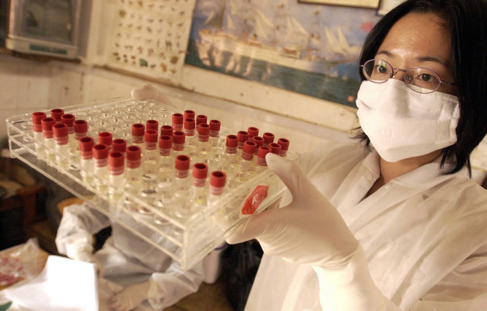 Image: Una investigadora sostiene muestras extraídas de civetas en un mercado de Guangzhou