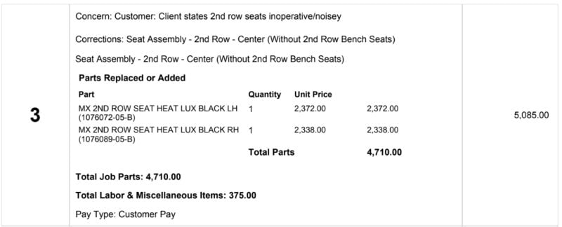 Factura de los cambios de los asientos.
