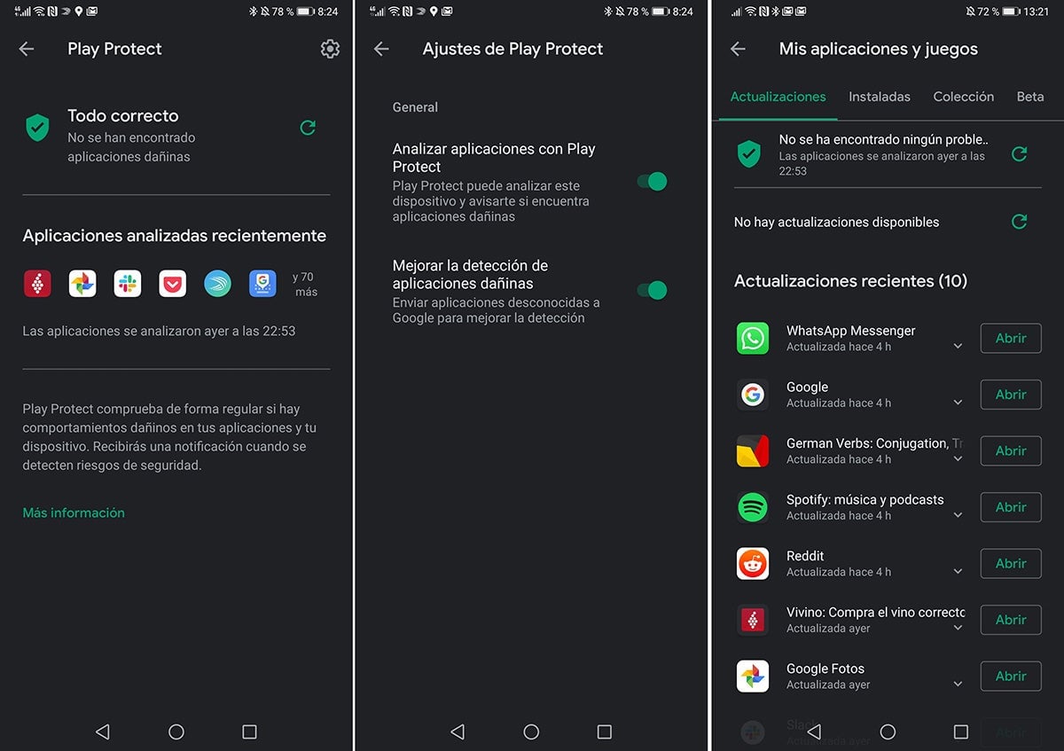 Todo correcto... No se ha detectado ningún problema... Google Play Protect ejecutándose en el Mate 30 Pro, algo que según Google no se puede hacer desde fuentes de terceros...