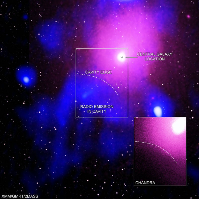 La emisión de ondas de radio producida por el borde cóncavo. Imagen: X-ray: Chandra: NASA/CXC/NRL/S. Giacintucci, et al., XMM-Newton: ESA/XMM-Newton; Radio: NCRA/TIFR/GMRT; Infrared: 2MASS/UMass/IPAC-Caltech/NASA/NSF