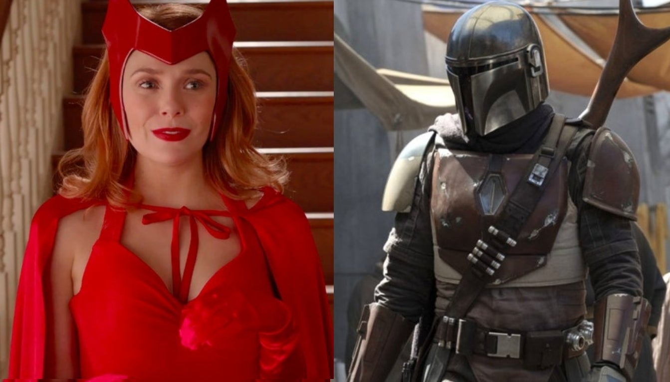 A la izquierda: Wanda Maximoff en WandaVision (Marvel Studios). A la derecha: The Mandalorian (Lucasfilm).