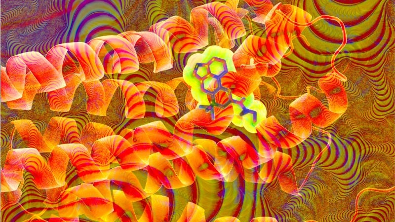 Image: Una molécula de LSD (centro) rodeada de receptores cerebrales