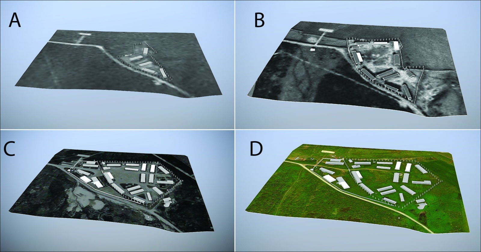 Image: Reconstrucciones 3D de Sylt tal como apareció en 1942 (A), 1943 (B), 1944 (C), y su instanciación de 1944 superpuesta en el paisaje actual (D).