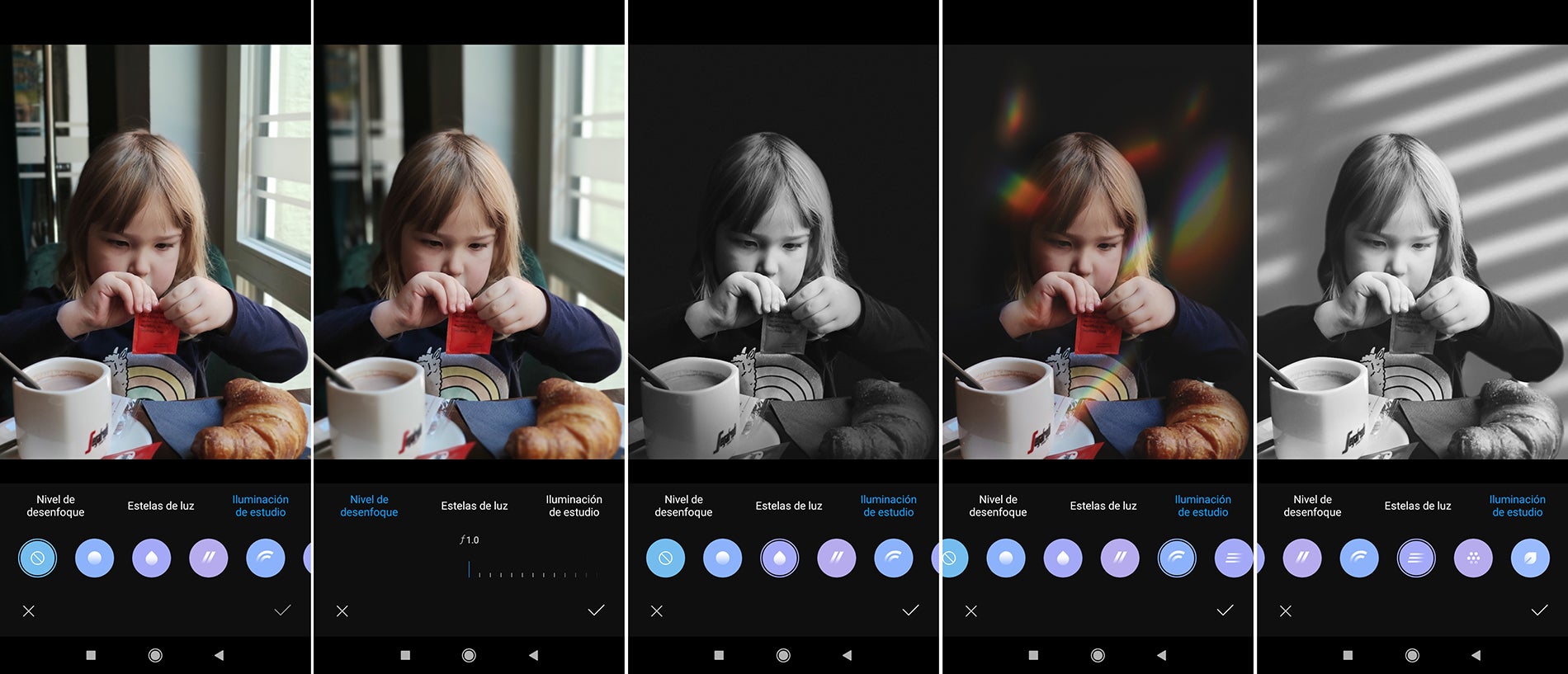 Los efectos funcionan razonablemente bien siempre y cuando elijas uno cuyo fondo coincida. Si no el recorte es bastante atroz.