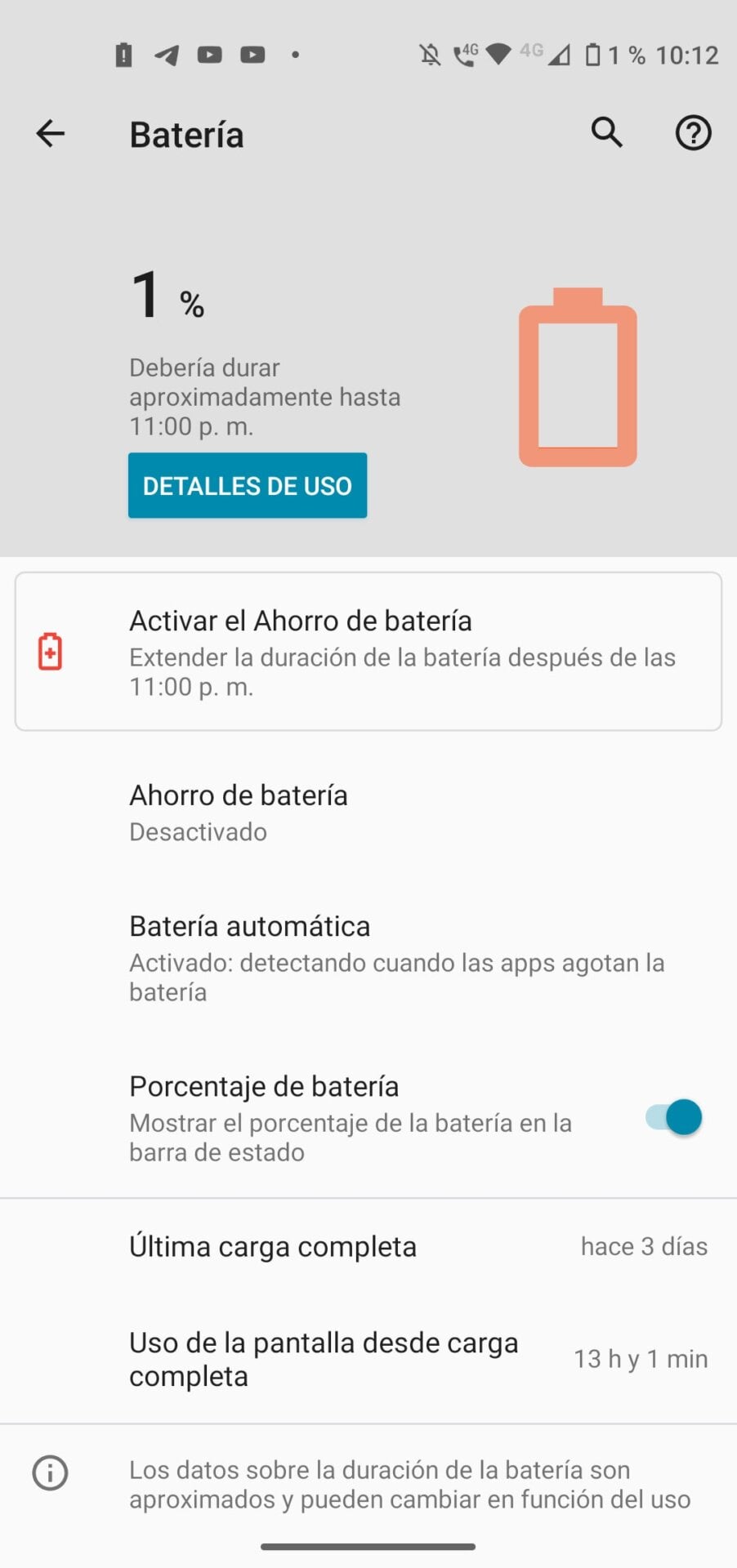 Vale la pena destacar donde dice “última carga completa” y “uso de la pantalla desde carga completa”.