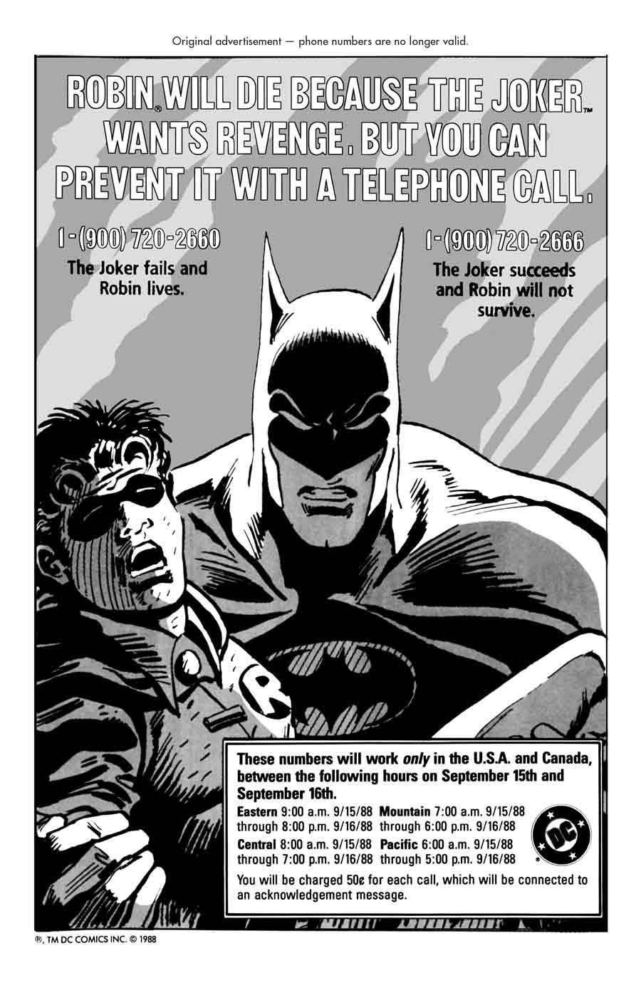 Imagen del anuncio con el que DC ofreció a los lectores la posibilidad de salvar a Robin.