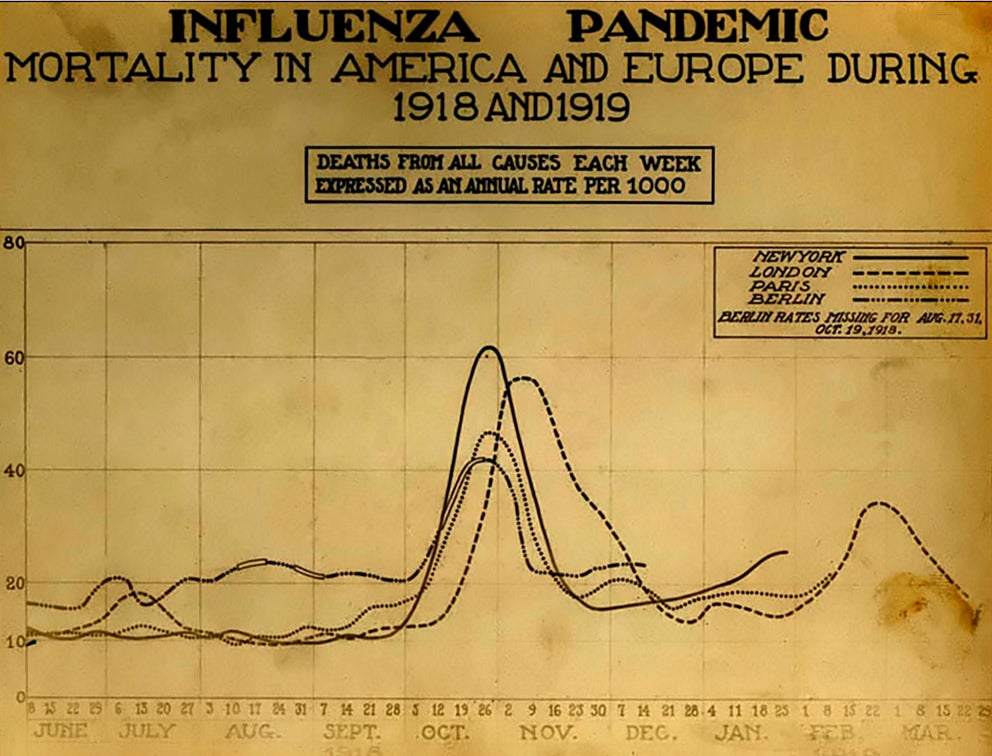Image: Mortalidad por semana en París, Berlín, Londres y Nueva York entre 1918 y 1919. El pico es atribuible a la gripe