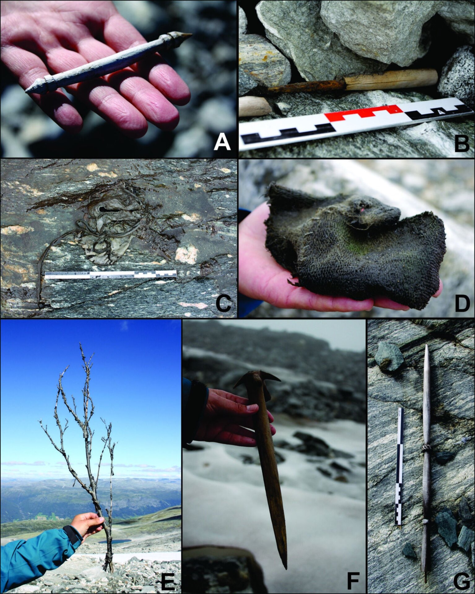 Image: (A) palo hecho de cabra o cordero, (B) cuchillo con mango de madera, (C) zapato, (D) manopla, (E) forraje de hojas, (F) madera y (G) una rueca.