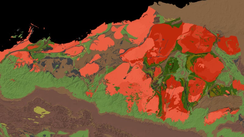 Image: Un mapa geológico del Pilbara Craton en Australia Occidental, que muestra rocas entre 2.5 y 3.5 mil millones de años. Las áreas en verde muestran roca basáltica fechada hace 3.200 millones de años. Para la escala, toda la imagen tiene más de 420 kilómetros de ancho.