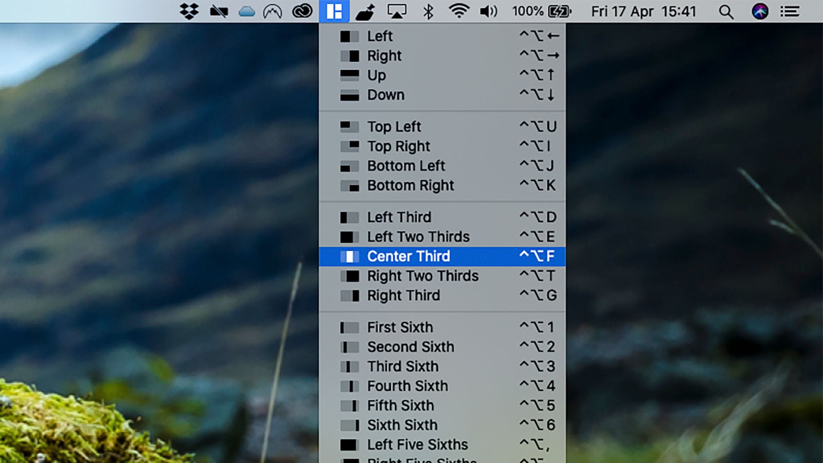 Las opciones de la aplicación Magnet en Mac OS.