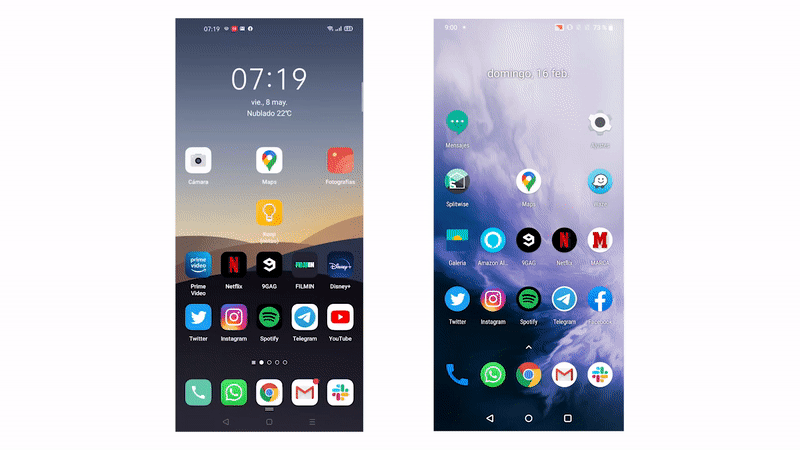 El asistente inteligente de Oppo (izquierda) es una pantalla de personalización interesante, pero los botones son demasiado pequeños y hay pocos widgets entre los que elegir. Espero que copien algunas de las opciones de OxygenOS (derecha). GIF: Julio Cerezo