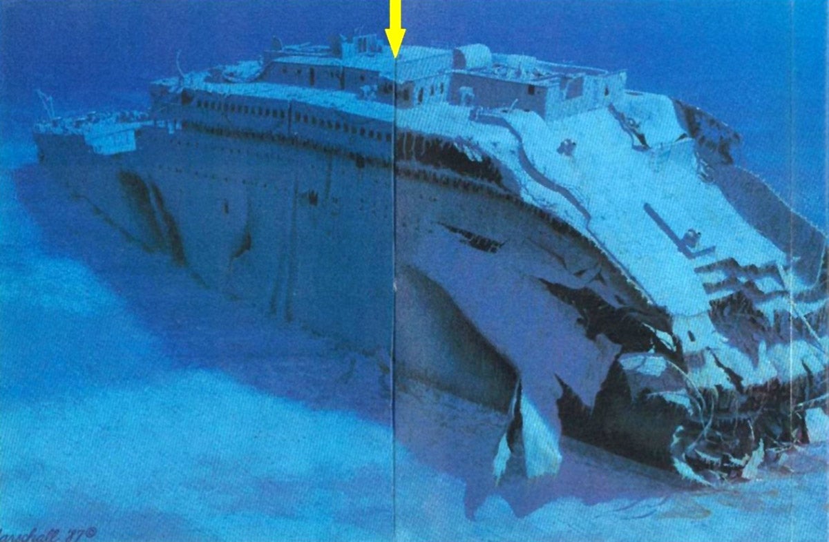 Posición de la sala de radio del Titanic tal y como estaba el barco en 1987.