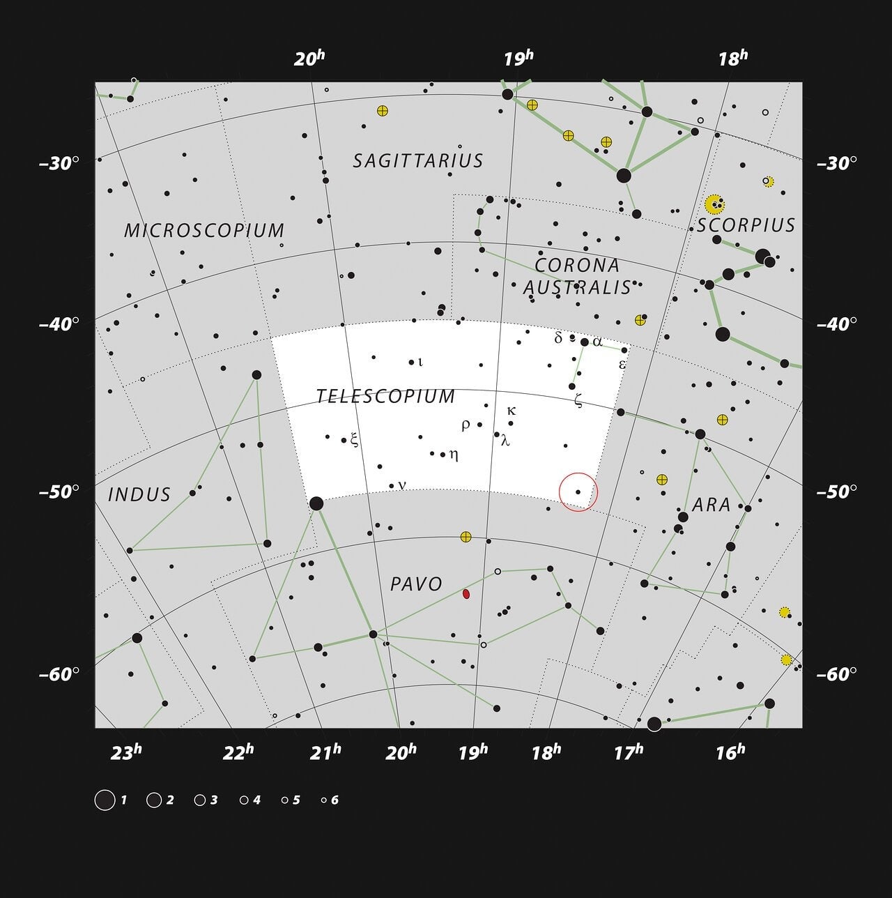 Posición del sistema triple HR 6819 con un agujero negro en la Constelación Telescopium.