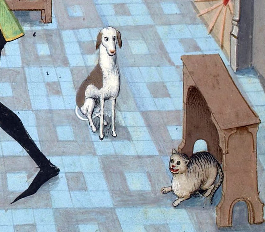 Nótese la diferencia entre el perro y el gato en esta pintura de Regnault de Montauban (hacia 1450)