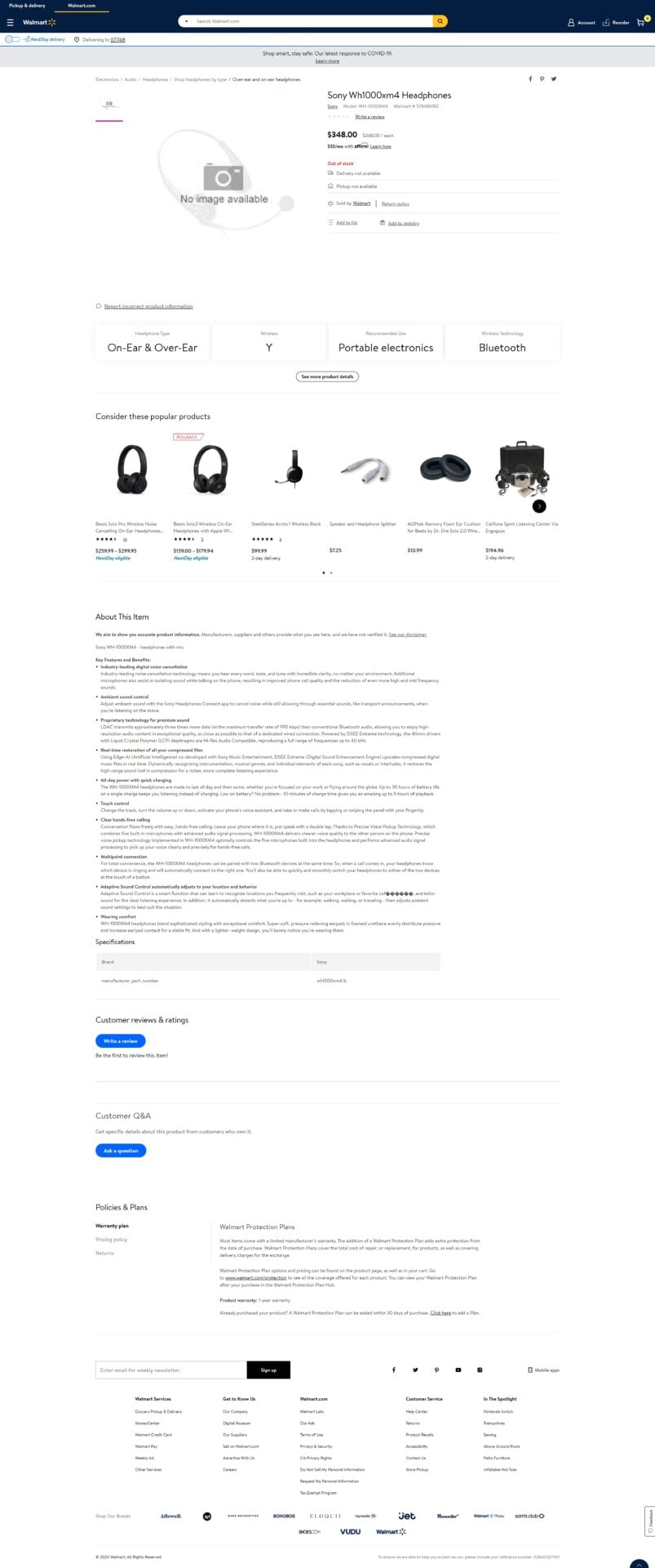Una captura de pantalla de la filtración de los auriculares en la web de Walmart.
