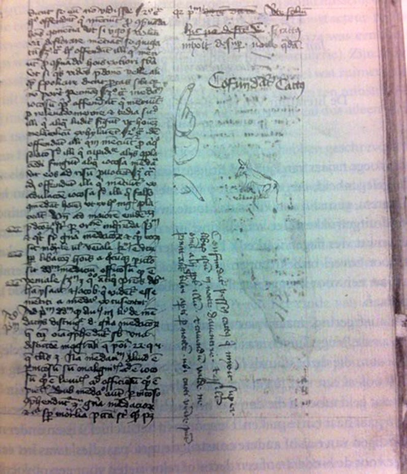 Manuscrito con pis de gato y monje enfurecido. 1420.