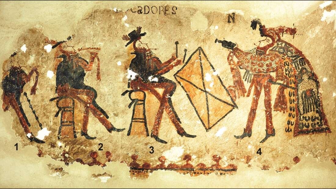 Un detalle del mural con la danza de la conquista.
