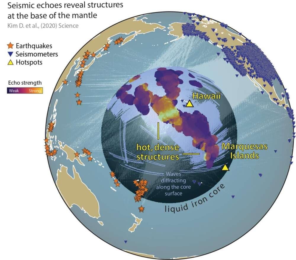 Image: Los terremotos envían ondas de sonido a través de la Tierra. Los sismogramas registran los ecos a medida que esas ondas viajan a lo largo del límite núcleo-manto