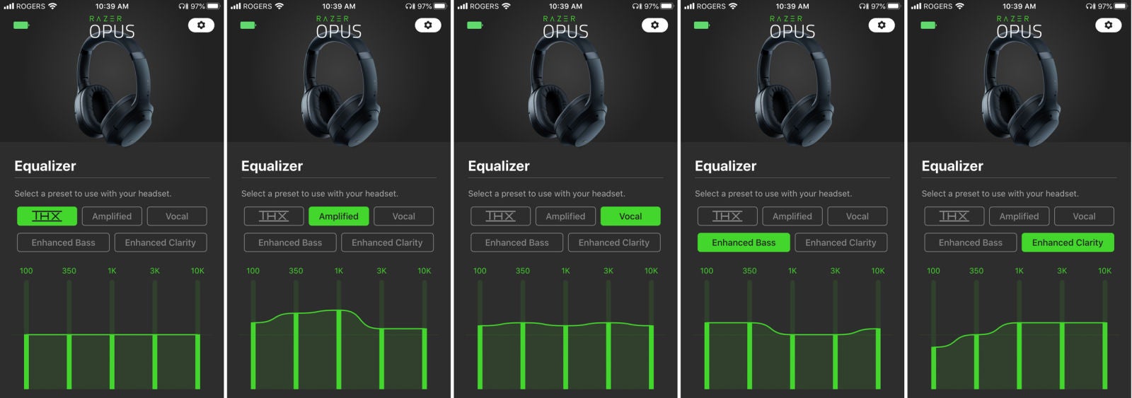 La app de Razer Opus permite elegir entre 5 modos distintos de ecualización